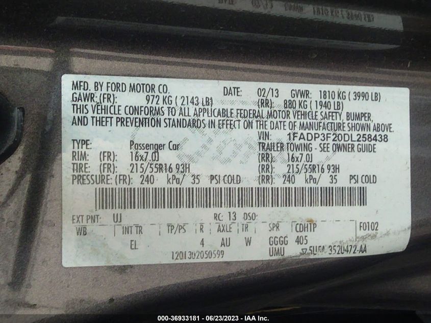 2013 FORD FOCUS SE - 1FADP3F20DL258438