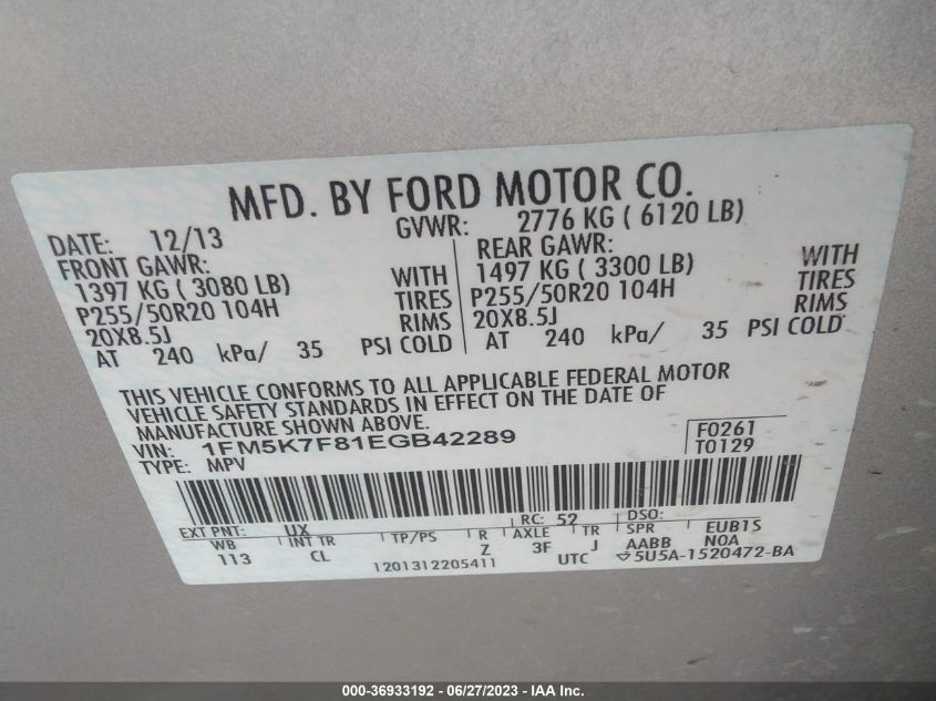 2014 FORD EXPLORER LIMITED - 1FM5K7F81EGB42289