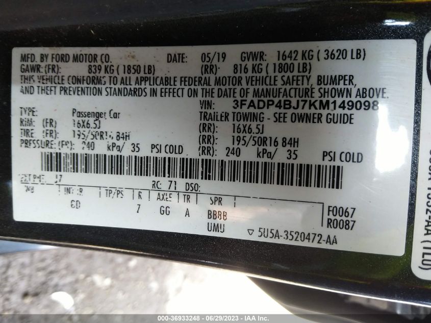 2019 FORD FIESTA SE - 3FADP4BJ7KM149098