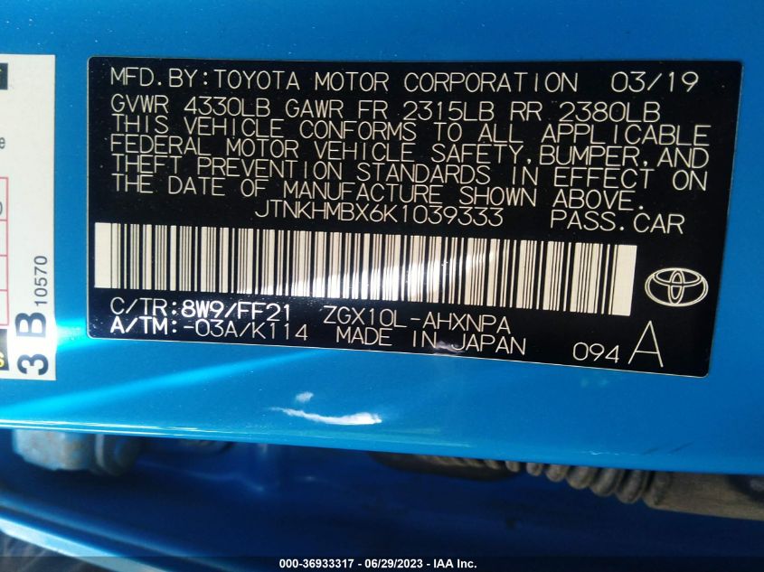 2019 TOYOTA C-HR XLE/LE/LIMITED - JTNKHMBX6K1039333