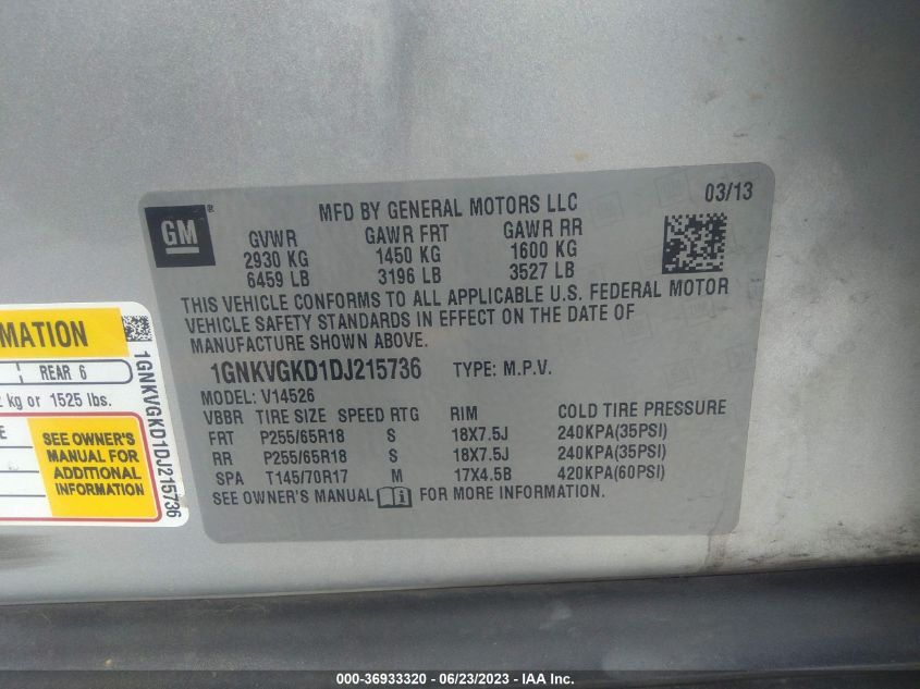 2013 CHEVROLET TRAVERSE LT - 1GNKVGKD1DJ215736