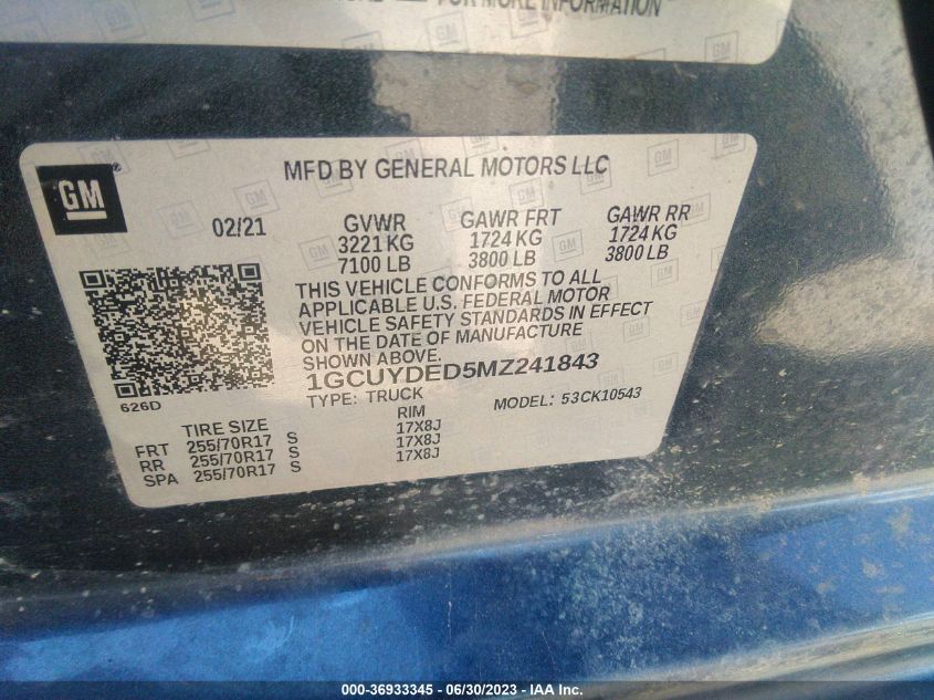 2021 CHEVROLET SILVERADO 1500 LT - 1GCUYDED5MZ241843