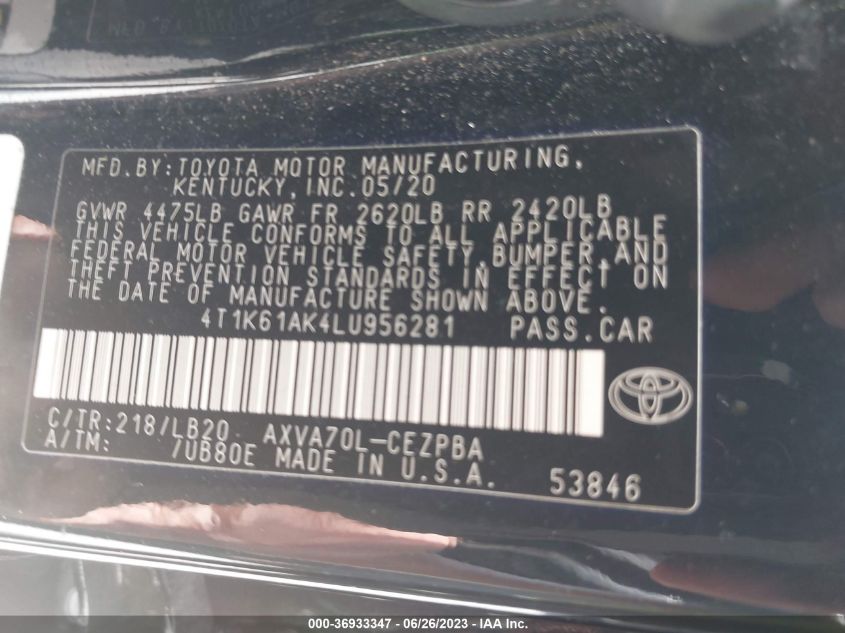 2020 TOYOTA CAMRY XSE - 4T1K61AK4LU956281