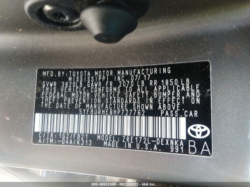 2017 TOYOTA COROLLA L/LE/XLE/SE - 5YFBURHE8HP727762