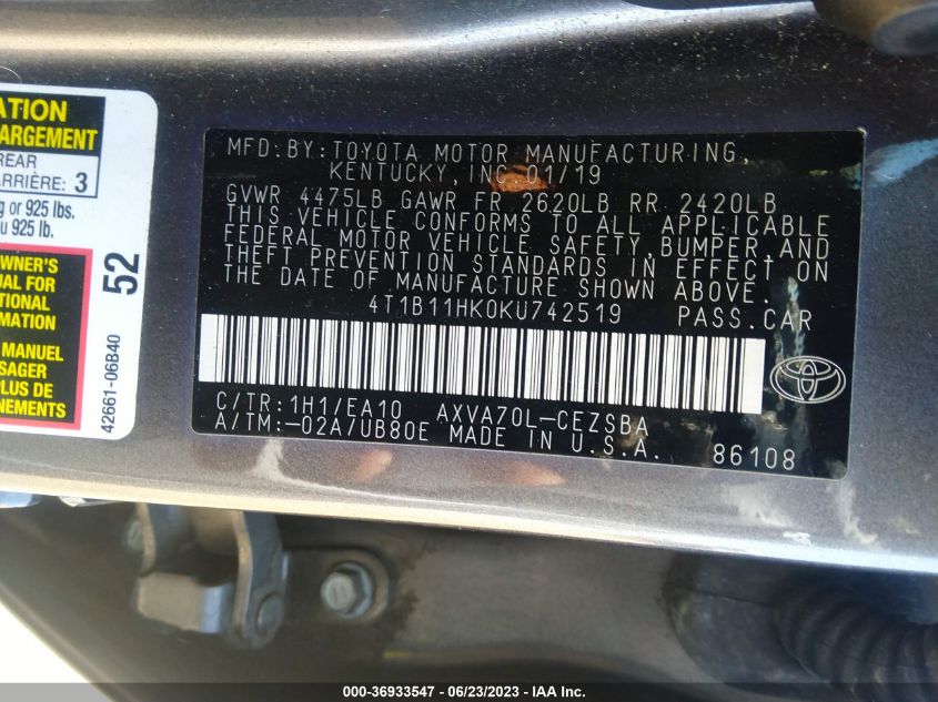 2019 TOYOTA CAMRY SE - 4T1B11HK0KU742519