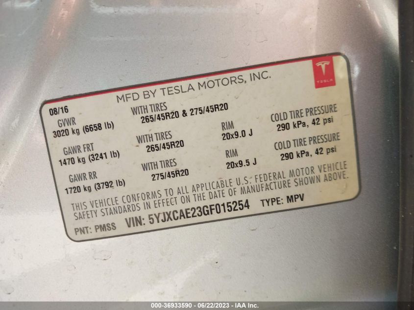 2016 TESLA MODEL X 70D/90D/75D/60D 5YJXCAE23GF015254