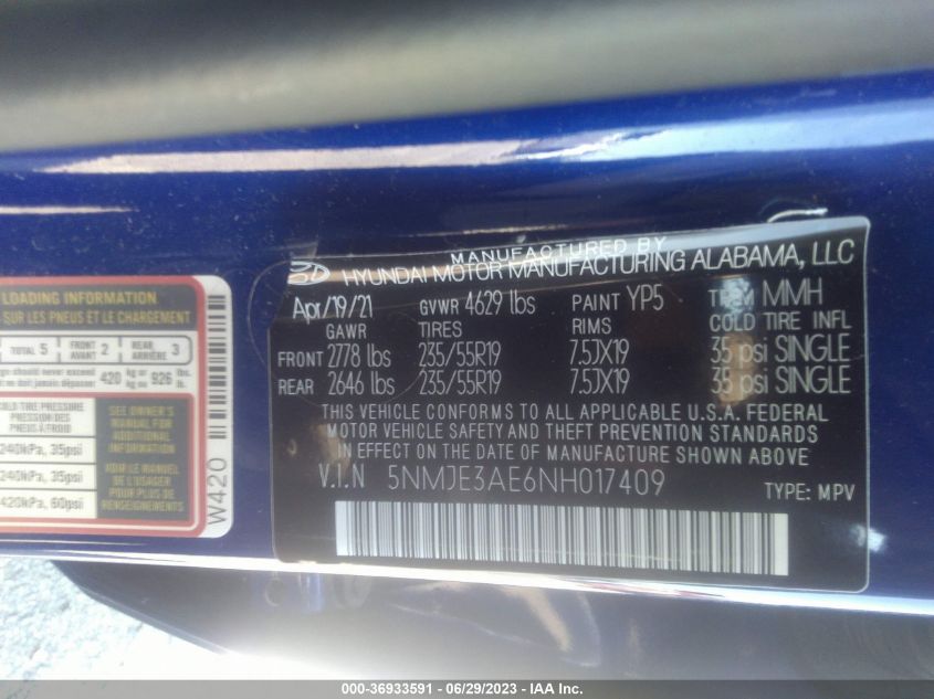 2022 HYUNDAI TUCSON LIMITED - 5NMJE3AE6NH017409