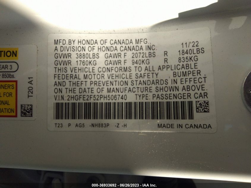 2023 HONDA CIVIC SEDAN SPORT - 2HGFE2F52PH506740