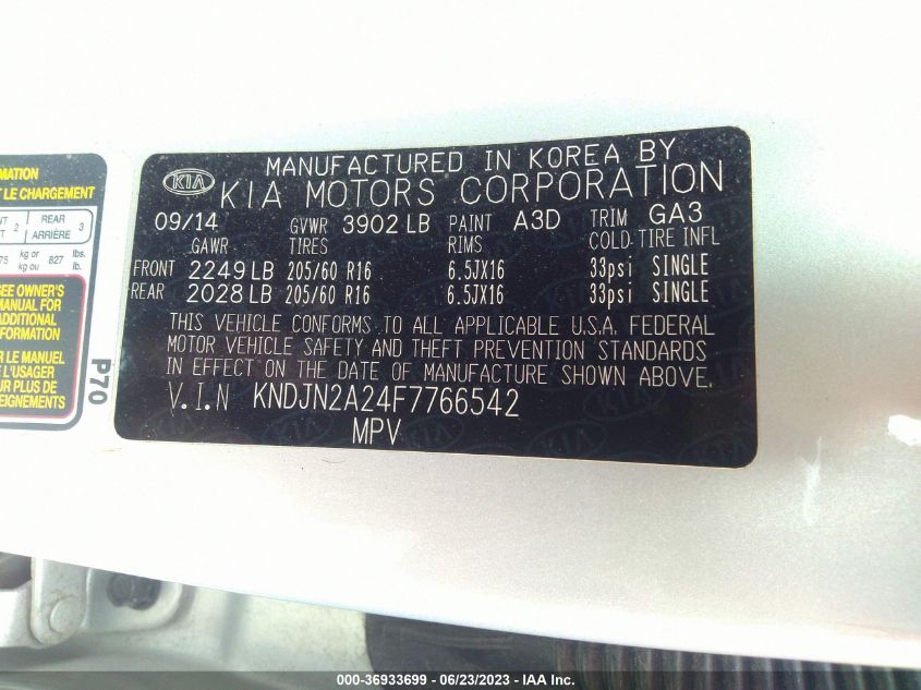 2015 KIA SOUL BASE - KNDJN2A24F7766542