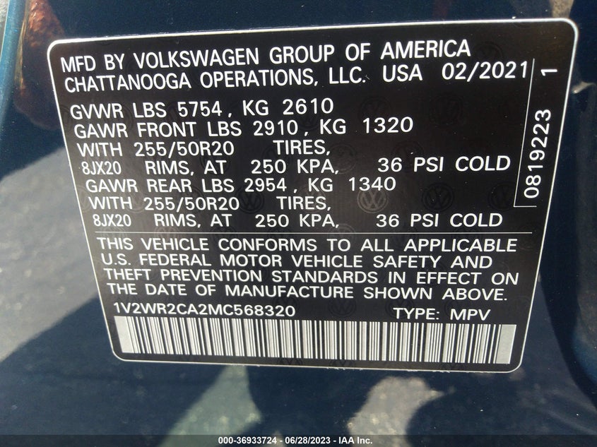 VIN 1V2WR2CA2MC568320 2021 VOLKSWAGEN ATLAS 3.6L V6 SE W/TECHNOLOGY