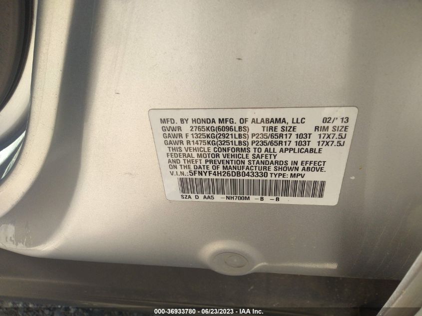 2013 HONDA PILOT LX - 5FNYF4H26DB043330