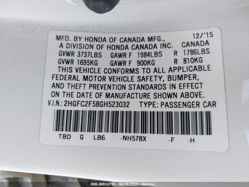 2016 HONDA CIVIC SEDAN LX - 2HGFC2F58GH523032