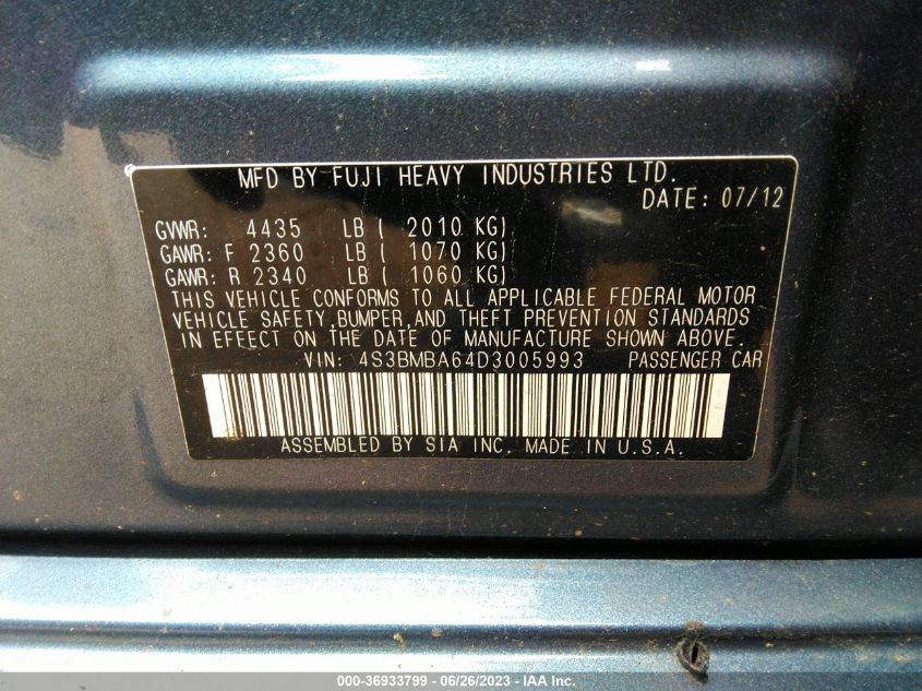 2013 SUBARU LEGACY 2.5I - 4S3BMBA64D3005993