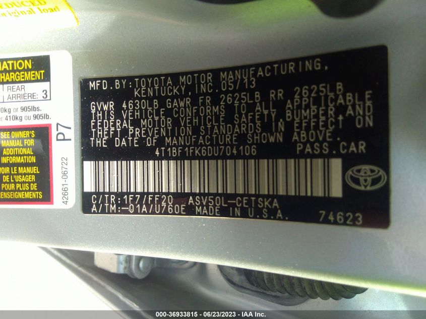 2013 TOYOTA CAMRY L/SE/LE/XLE - 4T1BF1FK6DU704106