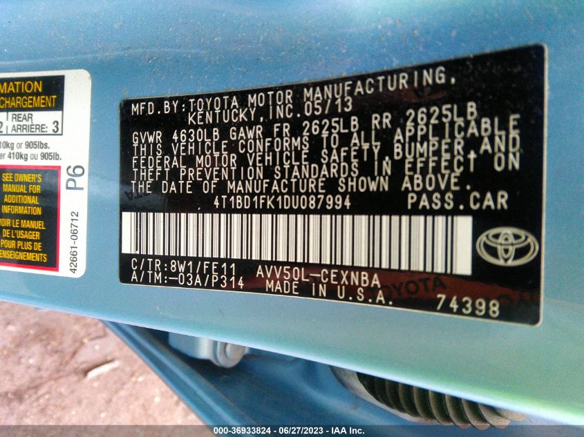 2013 TOYOTA CAMRY HYBRID LE/XLE - 4T1BD1FK1DU087994