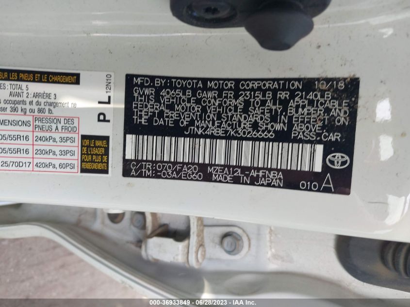 2019 TOYOTA COROLLA HATCHBACK SE/XSE JTNK4RBE7K3026666