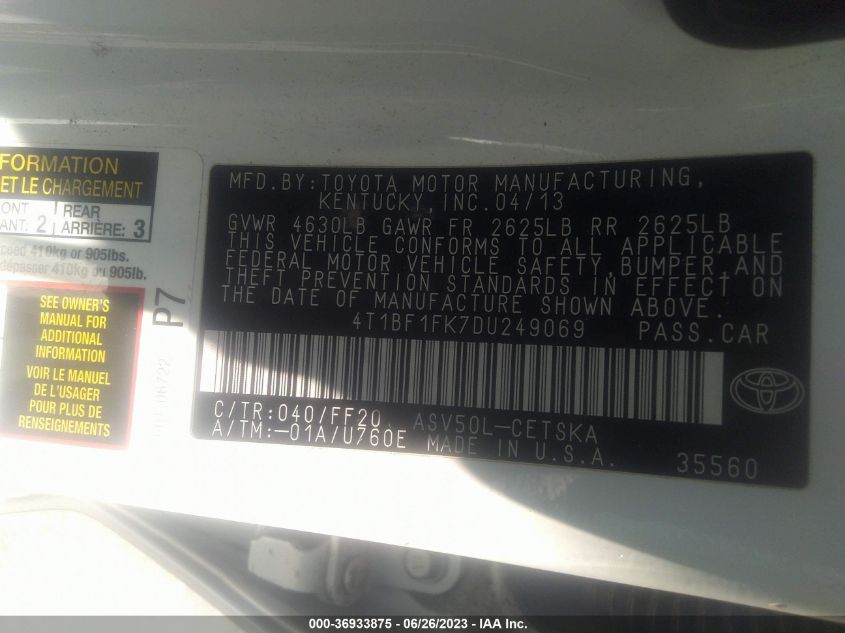 2013 TOYOTA CAMRY L/LE/SE/XLE - 4T1BF1FK7DU249069