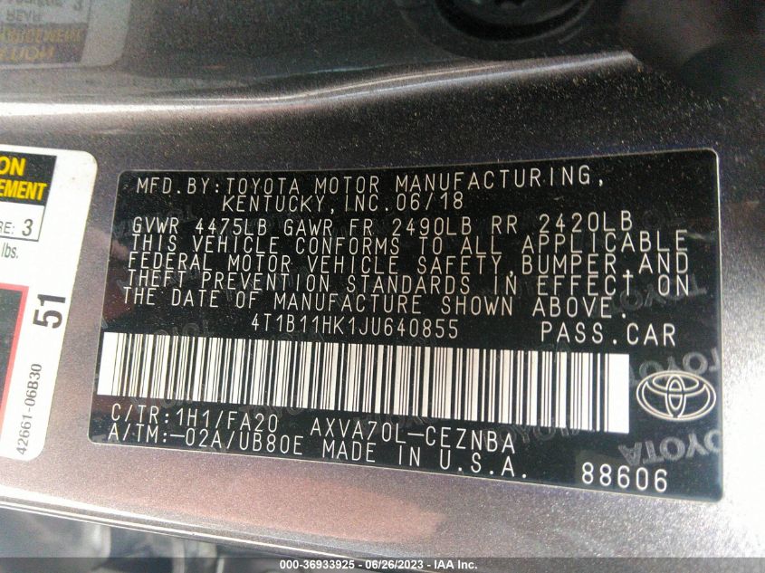 2018 TOYOTA CAMRY LE/SE/XLE/L - 4T1B11HK1JU640855