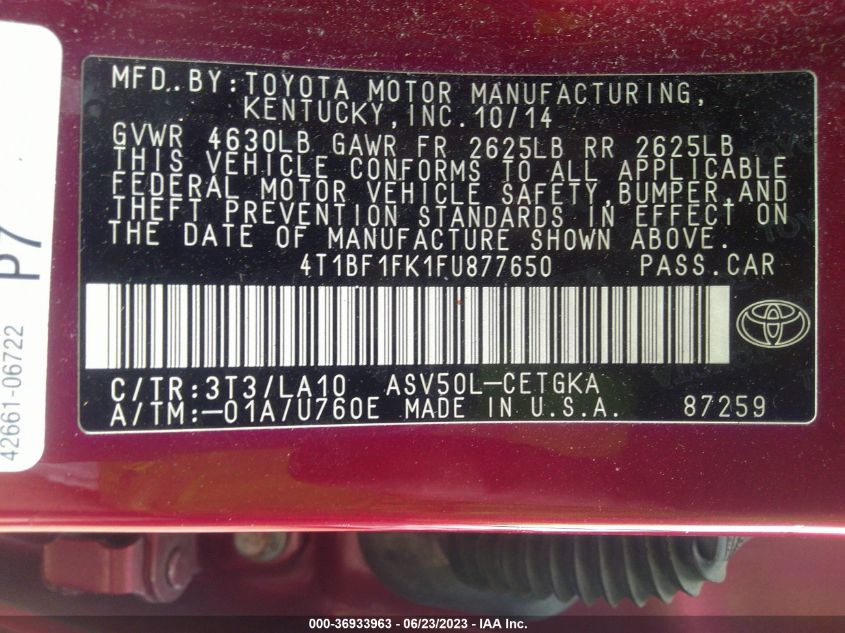 2015 TOYOTA CAMRY XLE/SE/LE/XSE - 4T1BF1FK1FU877650