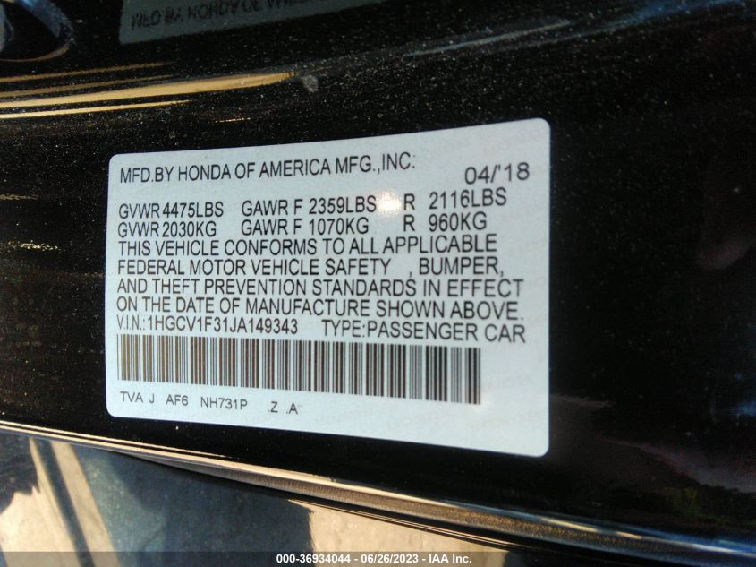 2018 HONDA ACCORD SEDAN SPORT 1.5T - 1HGCV1F31JA149343