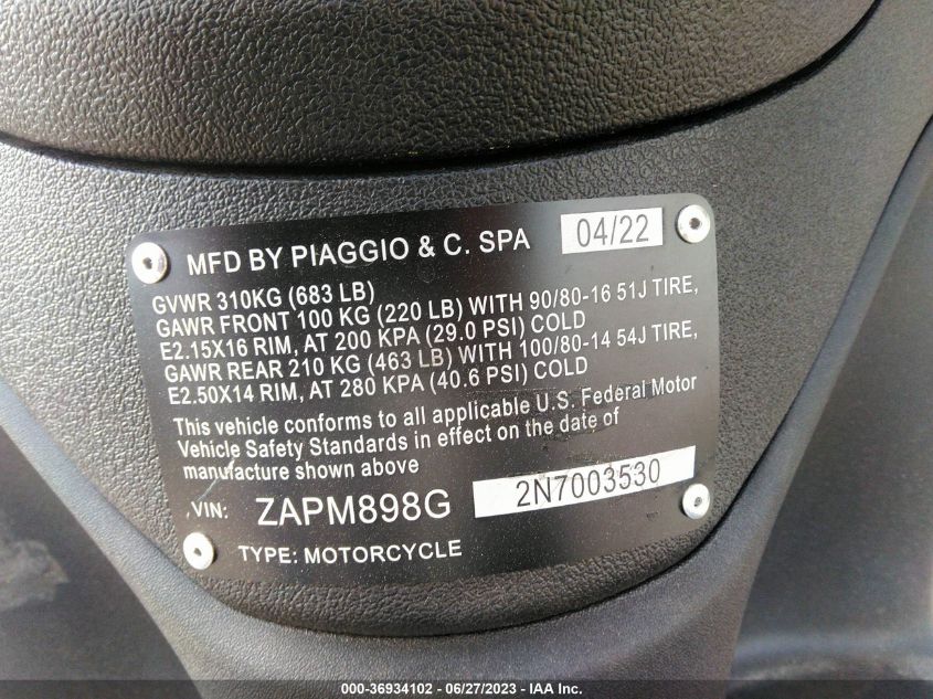 2022 PIAGGIO LIBERTY 150/150 S/150 BACI PERUGI ZAPM898G2N7003530