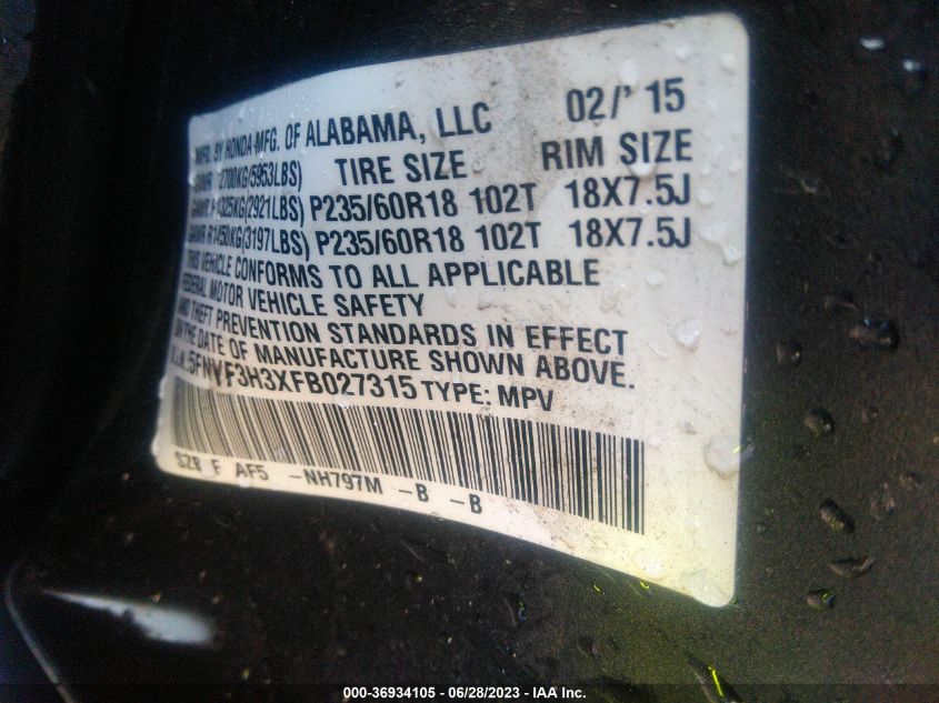 2015 HONDA PILOT SE - 5FNYF3H3XFB027315