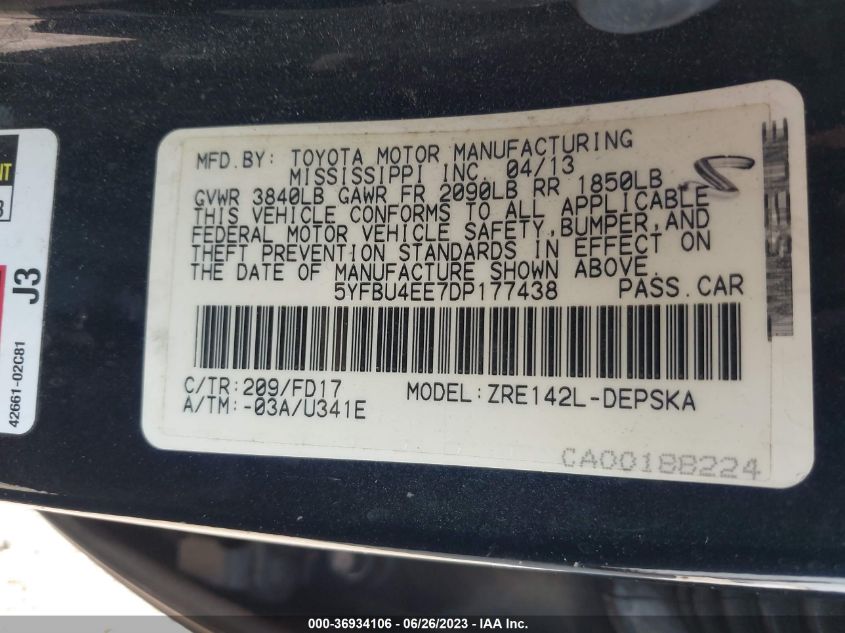 2013 TOYOTA COROLLA L/LE/S - 5YFBU4EE7DP177438