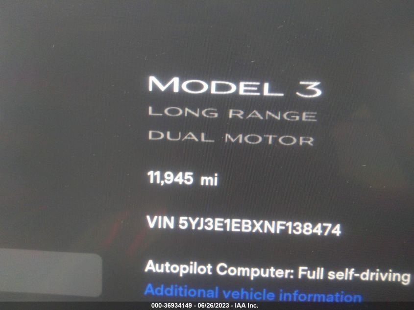 2022 TESLA MODEL 3 LONG RANGE - 5YJ3E1EBXNF138474