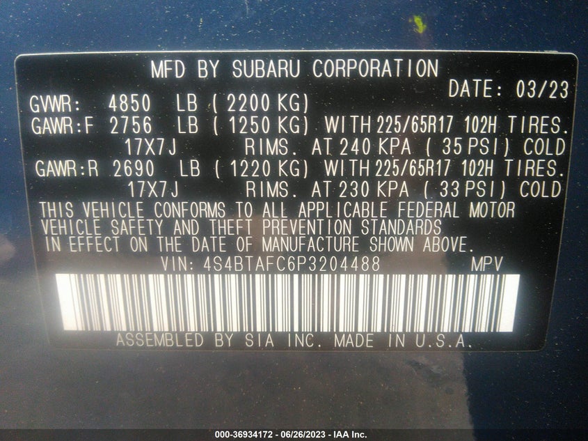 VIN 4S4BTAFC6P3204488 2023 SUBARU OUTBACK PREMIUM