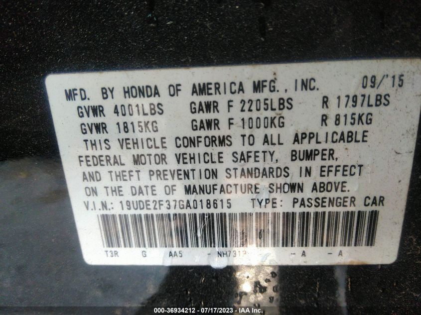 2016 ACURA ILX - 19UDE2F37GA018615