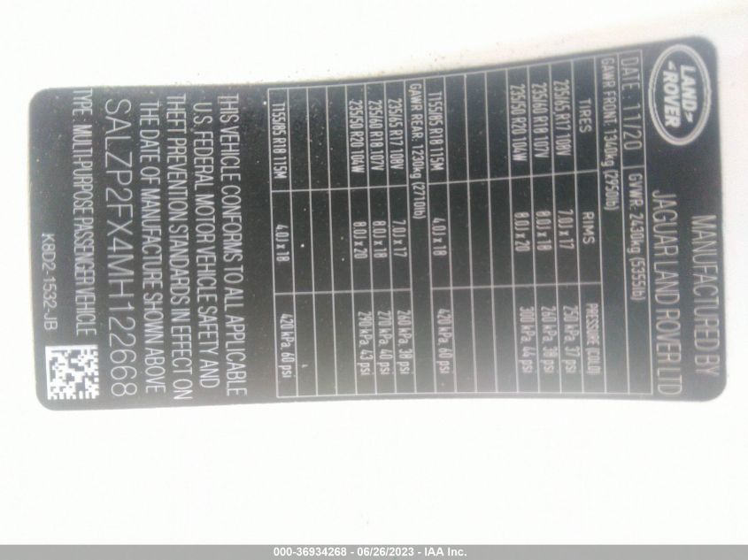 2021 LAND ROVER RANGE ROVER EVOQUE SE - SALZP2FX4MH122668