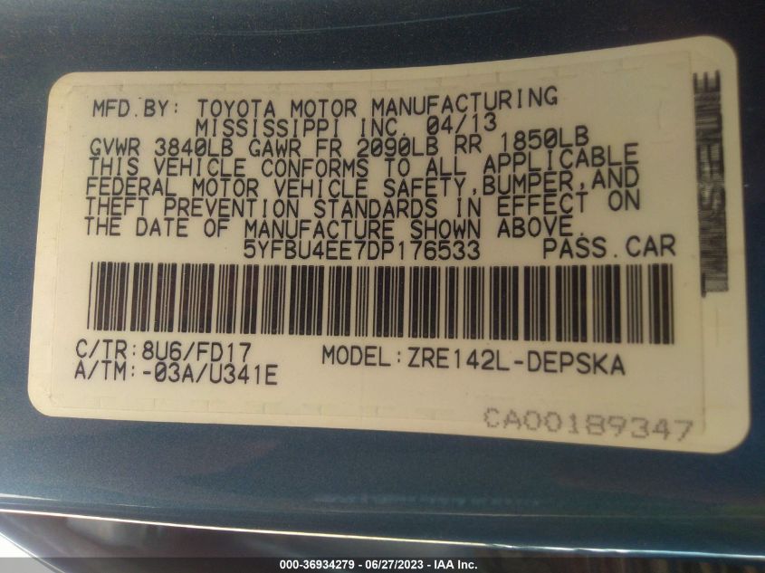 2013 TOYOTA COROLLA L/LE/S - 5YFBU4EE7DP176533