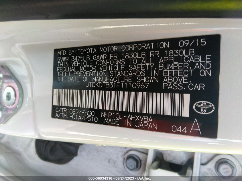 2015 TOYOTA PRIUS C ONE/TWO/THREE/FOUR - JTDKDTB31F1110967