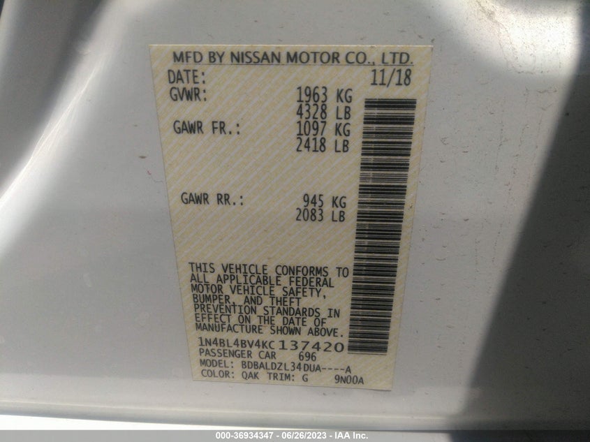 VIN 1N4BL4BV4KC137420 2019 NISSAN ALTIMA 2.5 S