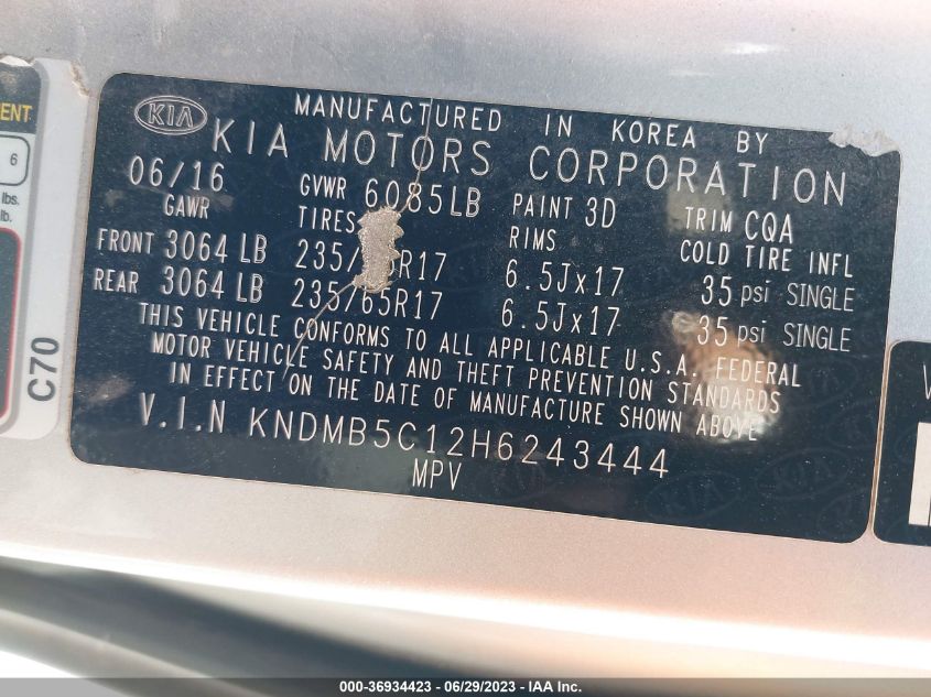 2017 KIA SEDONA LX - KNDMB5C12H6243444
