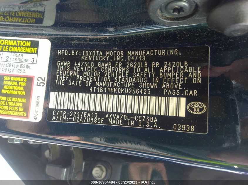 2019 TOYOTA CAMRY SE - 4T1B11HK0KU256423