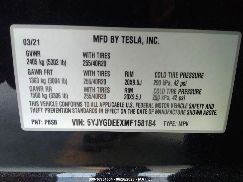 2021 TESLA MODEL Y - 5YJYGDEEXMF158184