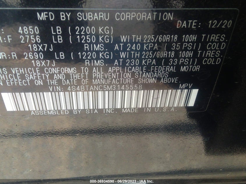 VIN 4S4BTANC5M3145558 2021 SUBARU OUTBACK LIMITED