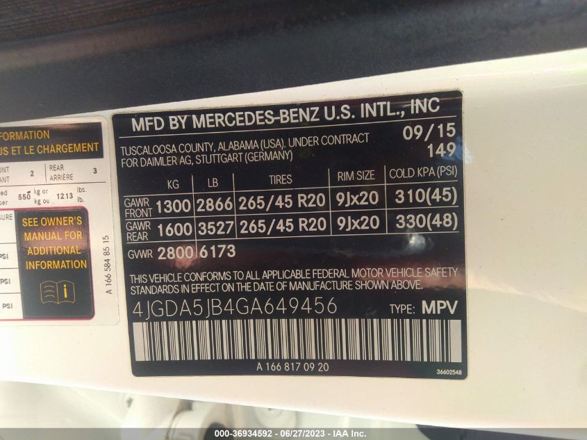 2016 MERCEDES-BENZ GLE 350 - 4JGDA5JB4GA649456