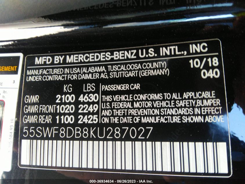 55SWF8DB8KU287027 2019 MERCEDES-BENZ C-CLASS, photo no. 9