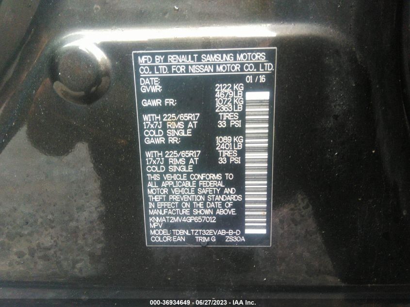 2016 NISSAN ROGUE SV - KNMAT2MV4GP657012