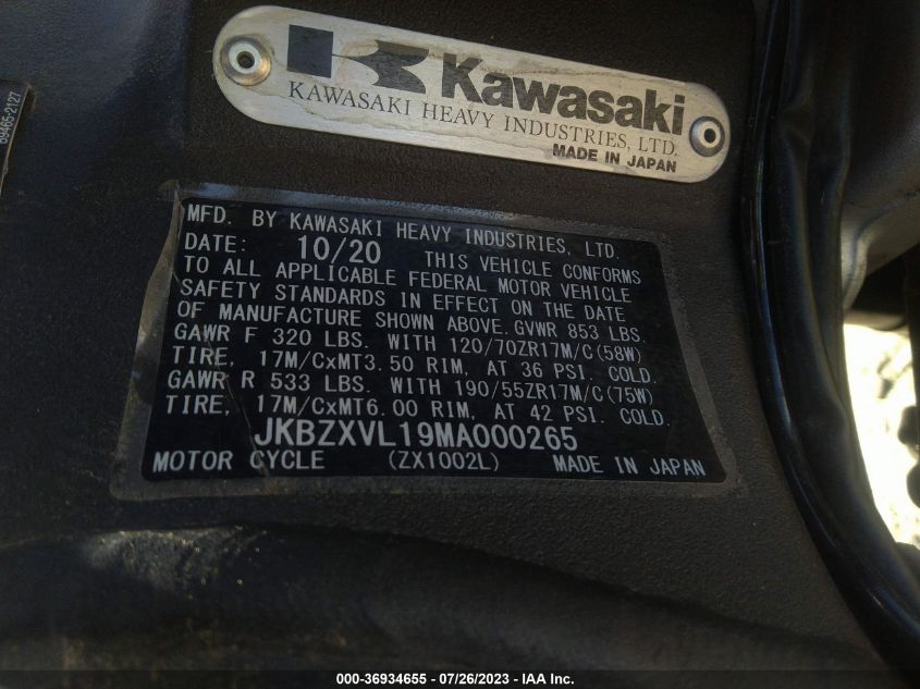 2021 KAWASAKI ZX1002 L - JKBZXVL19MA000265