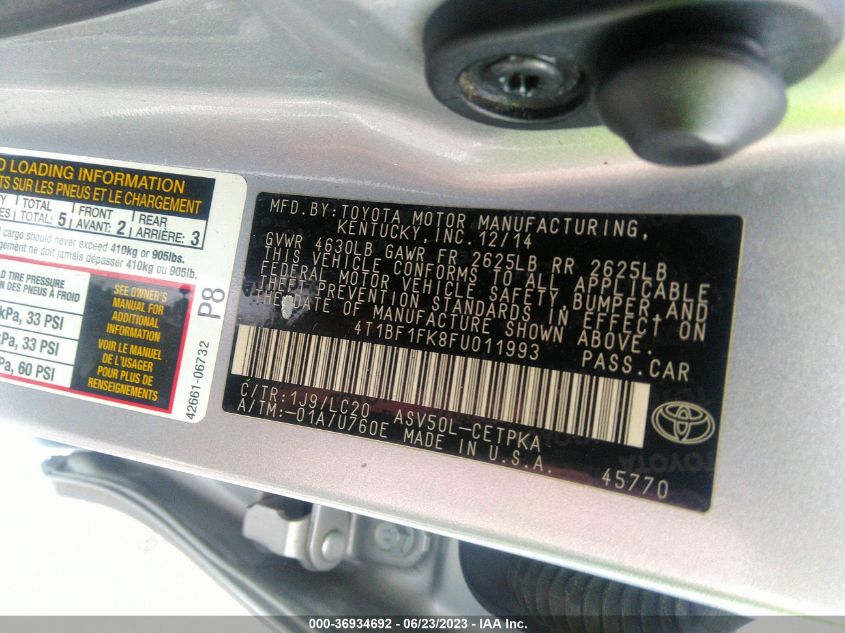 2015 TOYOTA CAMRY XLE/SE/LE/XSE - 4T1BF1FK8FU011993
