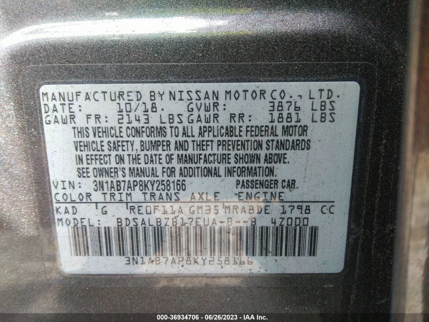 2019 NISSAN SENTRA S/SV/SR/SL - 3N1AB7AP8KY258166