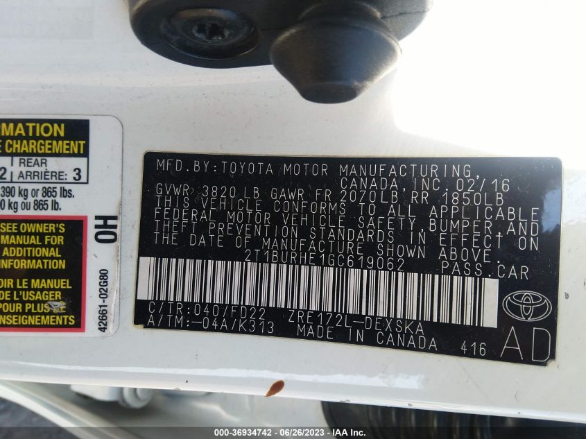 2016 TOYOTA COROLLA L/LE/S/S PLUS/LE PLUS - 2T1BURHE1GC619062