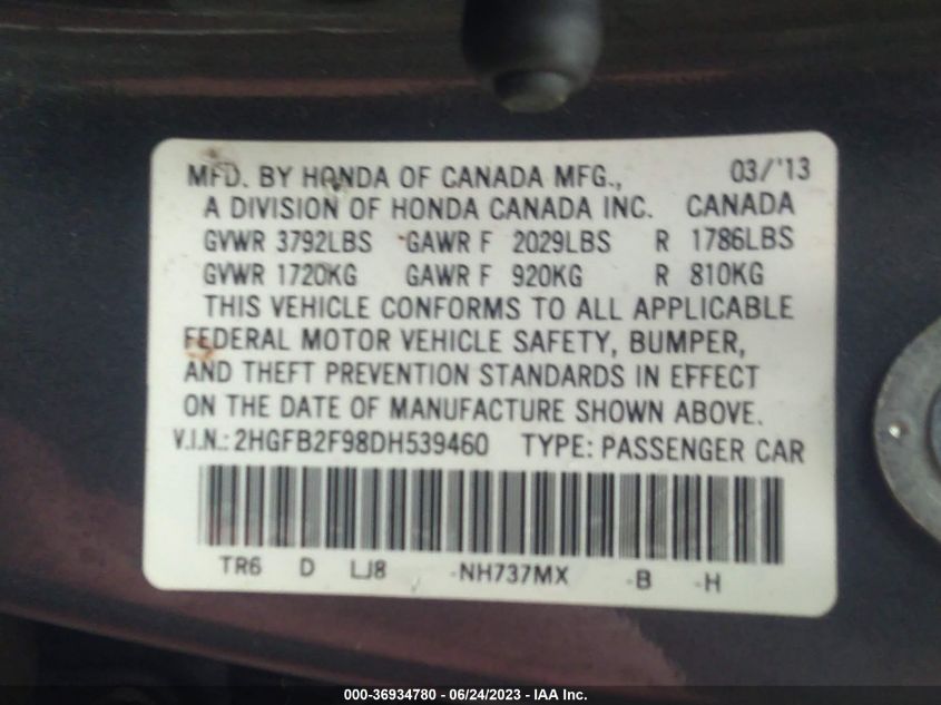 2013 HONDA CIVIC SDN EX-L - 2HGFB2F98DH539460