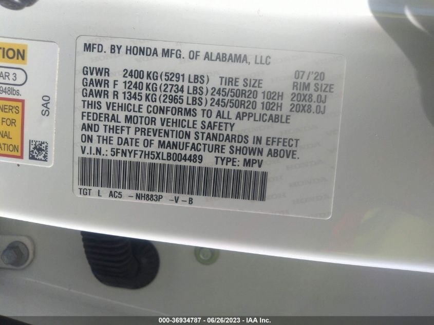 2020 HONDA PASSPORT EX-L - 5FNYF7H5XLB004489