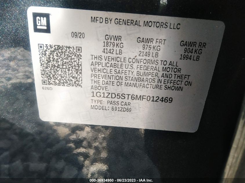2021 CHEVROLET MALIBU LT - 1G1ZD5FT6MF012469