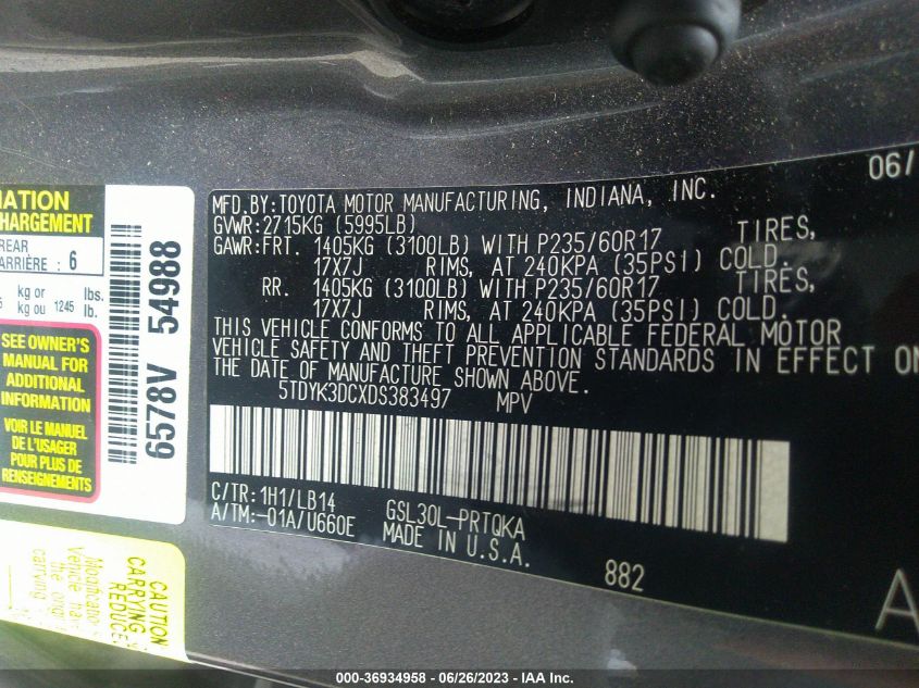 2013 TOYOTA SIENNA XLE/LIMITED - 5TDYK3DCXDS383497