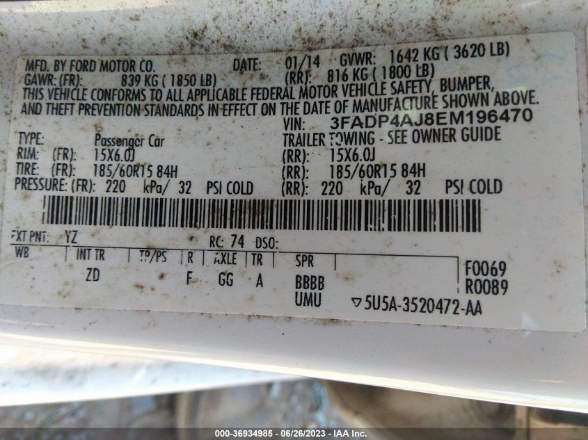 2014 FORD FIESTA S - 3FADP4AJ8EM196470